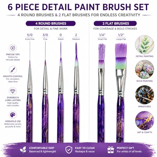 6Pcs Paint by Numbers Kit for Adults Acrylic Paint Brushes Set,Professional Fine Round & Flat Tip Detail Paintbrushes for Watercolor Gouache Oil Face Painting,Miniature,Model,Figurine,Craft