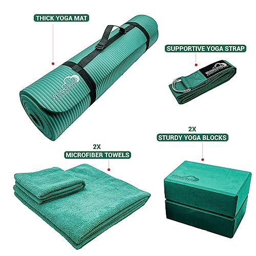 WHITECLOUDZ Yoga kit, 7-Piece Yoga Mat Set for Home Workouts, Thick Yoga Mat, Yoga Blocks, Strap, Yoga Towels & Carrying Bag, Exercise Mat with Yoga Equipment for Women & Men, Enhance Yoga Practice - color: Green