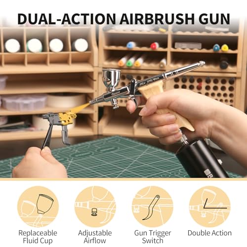 Bucasso Airbrush Kit, Air Brush Spray Gun with 0.3mm/0.5mm/0.8mm Needles/Nozzle Sets, 3cc/7cc/11cc Replaceable Fluid Cup for Painting Model Nails Cake Tattoo Makeup - color: W002-Burlywood