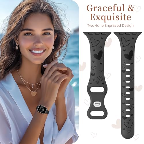 Lerobo Slim Thin Two-Tone Compatible with Apple Watch Band 40mm 38mm 41mm 42mm 44mm 45mm 46mm 49mm for Women- Soft Cute Flower/Heart Engraved Sport Band for iWatch Series 11 10 9 8 7 6 5 4 3 SE Ultra - color: B Anthracite Black, size: 44mm/45mm/46mm/49mm/