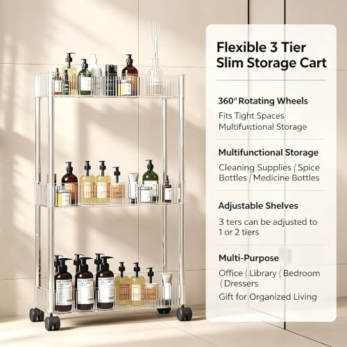 Sooyee Slim Clear 3-Tier Plastic Rolling Utility Cart with Wheels | Multi-Functional Storage Trolley, For Office, Living Room, Kitchen, Movable Storage Organizer - color: Clear, size: Slim 3 Tier
