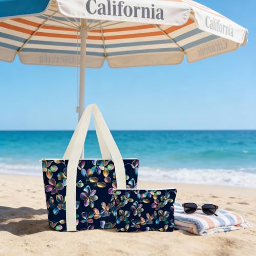 IAXIC Waterproof Tote Bag and Wet Bag Set, Summer Pattern Design for Beach Travel Gym Holiday Gifting - color: Dark Blue Tropical Leaf
