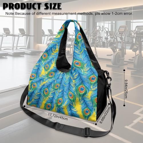 Yoga Gym Bag with Removable Adjustable Shoulder Strap, Shoe Compartment & Top Yoga Mat Holder 17.72x8.66x9.84in - color: Blue Peacock Feather Print