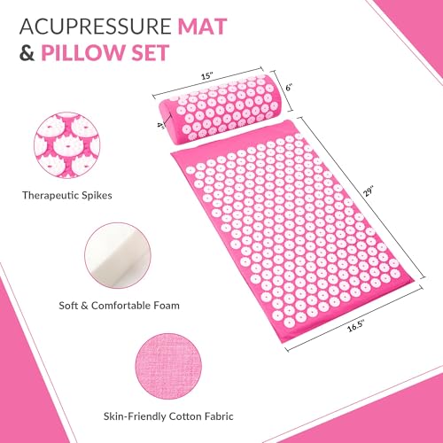 Fitvids Acupressure Mat and Pillow Set for Back/Neck Pain, Acupuncture Products to Relieve Muscle Fatigue, Improve Insomnia for Sedentary People, Acupuncture Eases Stress, Massage Mat, Pink - style: Pink