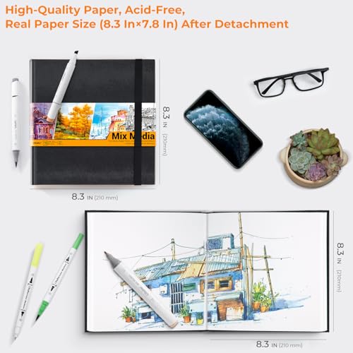 Ohuhu 8.3"x8.3" Mix Media Pad Art Sketchbook 78 Sheets for Painting Drawing | Square Sketch Book - 120 LB/200 GSM Heavyweight Paper -Hardcover Mixed Media Sketch Pad for Watercolor Acrylic Christmas Gift - size: 8.3" x 8.3"
