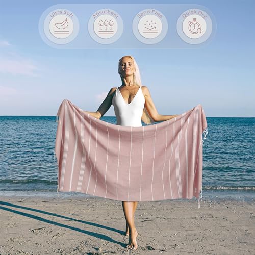 Ossano Turkish Beach Towel Quick Dry & Absorbent Oversized (39" x 71") - Lightweight, Versatile and Functional as Picnic and Beach Blanket, Yoga, Gym and Vacation Towels - Powder - color: Powder