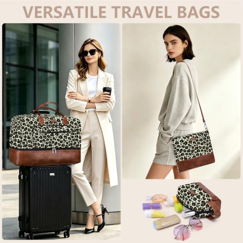 Large Women Travel Weekender Bag: Carry on Duffle with Shoe Compartment | Overnight Duffel Bags with Wet Pocket, Crossbody & Toiletry Bag, 3PCS Womens Traveling Tote Set for Hospital Gym Weekend Trip - color: Brown Leopard Print