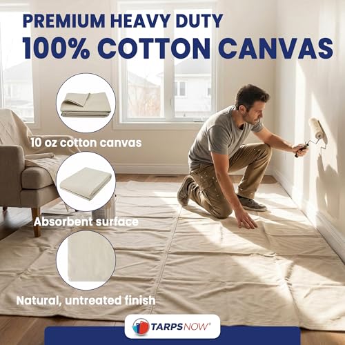 Tarps Now 5x20 ft Premium Heavy Duty Canvas Drop Cloth for Painting - Reusable Painter Tarp, 100% Cotton Fabric Floor Cover & Furniture Protection, Washable Paint Drop Cloth - size: 5' x 20'