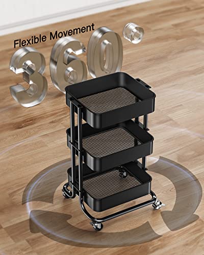 Pipishell 3 Tier Metal Rolling Utility Cart with 2 Lockable Wheels, Black | 360° Rotating Wheel, Heavy-Duty Steel, Sturdy Dual Columns, Ventilated Mesh, Hold 22 lbs per Shelf, for Kitchen & Dining Room - color: Black, size: 3 Tier