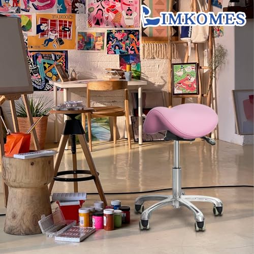 Ergonomic Saddle Chair,Heavy-Duty Rolling Stool with Wheels | 500lbs|Adjustable Height |360° swivel Silent PU casters|For Massage,Salon, barber ,tattoo,Spa ,Drafting,Clinic, Lab, Office - color: Pink