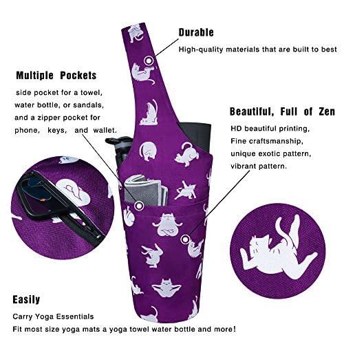 Yoga Mat Bag - Long Tote with Pockets - Holds More Yoga Accessories - Yoga Bag Fit Most Size Mats - Yoga Mat Carrier - color: Cat Yoga Purple
