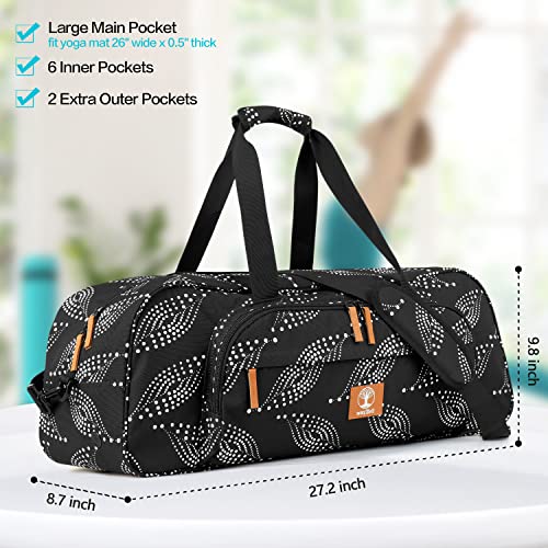 Yoga Mat Bag Carrier with 8-Pocket & Wet Pocket, Air Vent | Large Yoga Mat Holder Fits Thick Mats & Blocks | Gym Duffle Bag for Women & Men - color: White Leave on Black