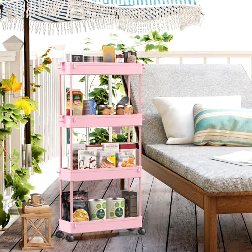 SPACEKEEPER Slim Rolling Storage Cart, 4 Tier Bathroom Cart Organizer, Pink | Narrow Rolling Cart with Wheels for Kitchen Office Bathroom Laundry Room,Mobile Utility Cart for Craft Art Makeup Nail Polish - color: Pink