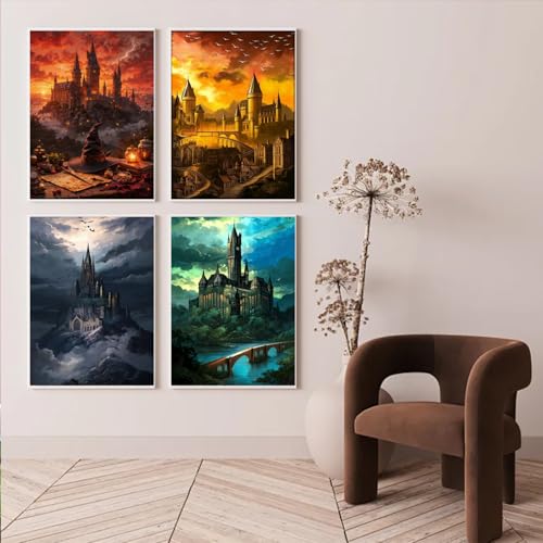 4 Pack Castle Paint by Numbers Kit for Adults Framed Canvas Frameworkless | Easy Adult Paint by Number Kits on Canvas DIY 4 Pack Castle Painting for Beginners Art by Numbers for Home Wall Decor Gift - color: YH03248
