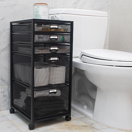 Mind Reader Vertical Office Storage Organizer with Mesh Drawers Label Holders and Optional Wheels, Metal Mesh, Black - size: 5-Drawers