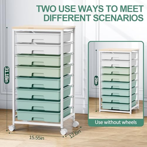 Storage Cart with 8 Drawers, Utility Cart with White Drawers and Wooden Tabletop, Craft Cart, Teacher Organization for Classroom, Storage Furniture, Office Organization, Green - color: Green