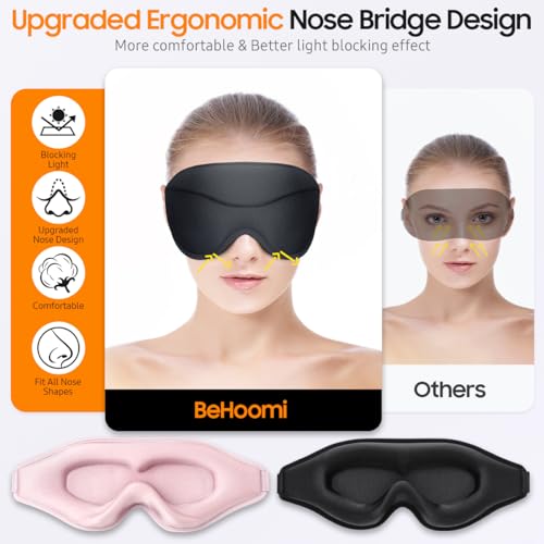 BeHoomi Sleep Mask, 2 Packs Premium Eye Mask for Sleeping, Total Blackout, Superior Soft Comfort, Upgraded 3D Ergonomic Designed Sleeping Mask for Home, Office, Travel, Meditation, Yoga, Black & Pink - color: Black & Pink