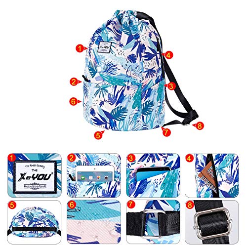XEYOU Drawstring Backpack Bag Sport Gym Sackpack Beach Cinch Bag | Lightweight Swimming Bag, Water-Resistant Fabric, Travel Daypack for Women and Men - color: Blue Leaves