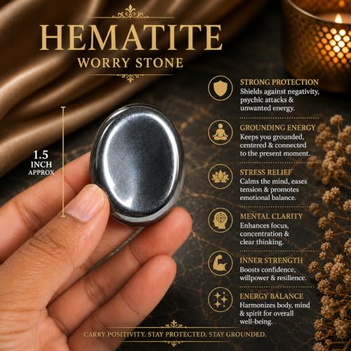 Natural Polished Thumb Palm Crystal for Meditation, Hematite Worry Stone for Stress Relief, Anxiety Support & Pocket Reiki Healing - color: Hematite