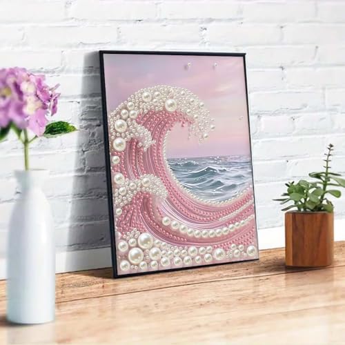 GEMFAMILY 5D Diamond Art Pearl Painting Kits for Adults,Pink Waves Diamond Art Kits for Special Shape, DIY Plastic Pearl Painting Kit for Home Wall Decoration 12 × 16 inch - color: HL6675