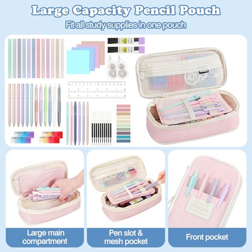 MoKo Pencil Case with Supplies, 56Pcs Aesthetic School Set, Pink | Includes 12 gel pens, 12 highlighters, 6 mechanical pencils, refills, sticky notes, index tabs, rulers and correction tapes. - color: Pink-56P