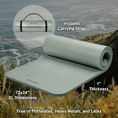 Retrospec Solana Yoga Mat 1" Thick w/Nylon Strap for Men & Women - Non Slip Exercise Mat for Home Yoga, Pilates, Stretching, Floor & Fitness Workouts - color: Sage