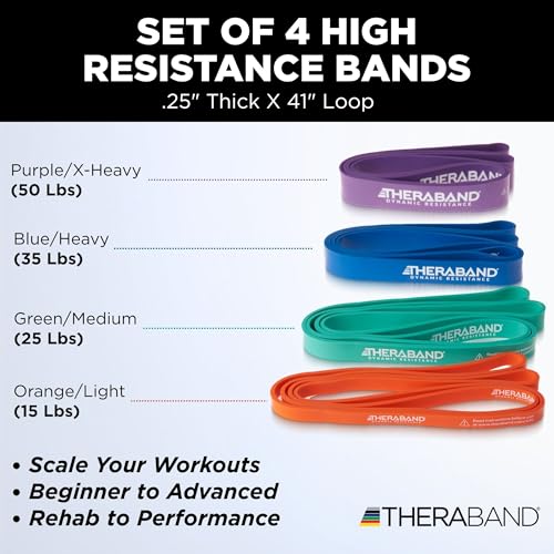 THERABAND High Resistance Super Band Set, Exercise Workout, Therapy, Multi | THERABAND elastic resistance band for exercise, strength training, physical therapy and at-home workouts - size: 4 Pack (15-50 lbs)