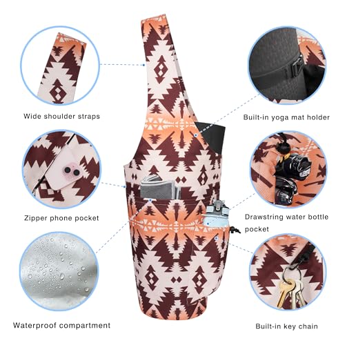 Yoga Mat Bag - Large Opening Long Tote Yoga Mat Carrier Holder Bag with Waterproof Wet Zipper Pocket and Drawstring Water Bottle Pocket - Yoga Bag Fit Most Size Mats - color: Boho Camel