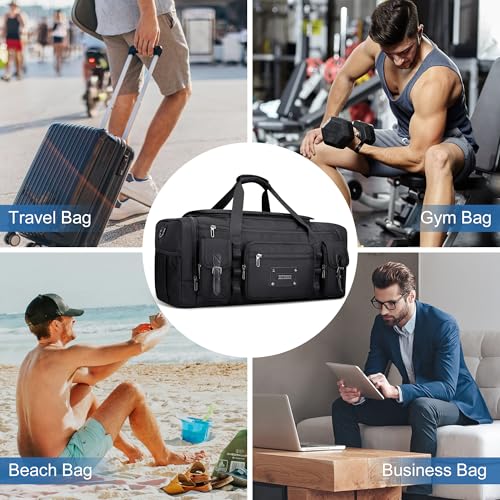 WITZMAN Duffle Bag for Men Large 55L Travel Duffel with Shoe Compartment | Water-resistant Nylon, Dry-wet Pocket, Fits 16" Laptop, Convertible for Gym, Weekender, Sports, Overnight, B717 Black - color: Black