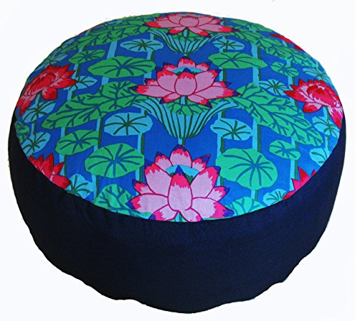 Meditation Cushion Zafu Pillow Buckwheat & Kapok Fill - Limited Edition Lotus Lake Blossom Pink Blue - color: Lotus Blossom Blue