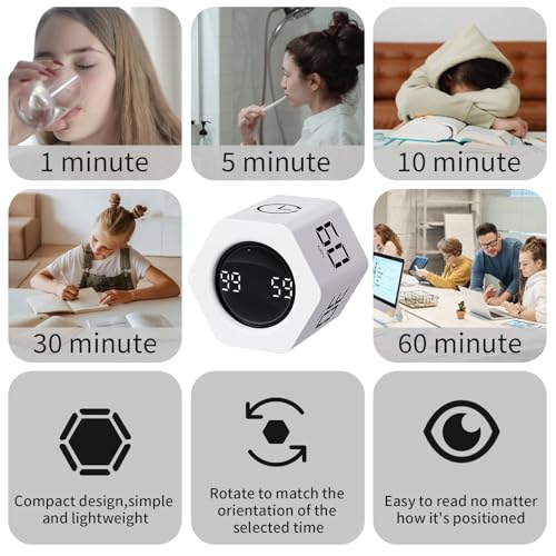 LUCKY TIME Productivity Timer Flip Gravity Sensor Pomodoro Cube Timer Countdown & Countup,1/5/10/30/60min Preset & Custom Timing, Mute/Vibrate/Sound for ADHD,Work,Study,Kitchen(1, White Hexagon) - color: White Hexagon