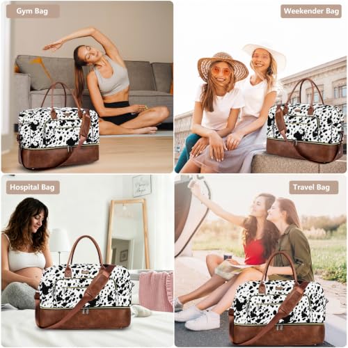 Large Women Travel Weekender Bag: Carry on Duffle with Shoe Compartment | Overnight Duffel Bags with Wet Pocket, Crossbody & Toiletry Bag, 3PCS Womens Traveling Tote Set for Hospital Gym Weekend Trip - color: Black Cow Print