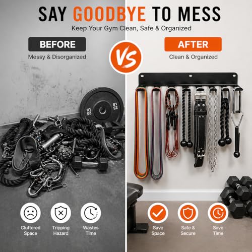 Gym Equipment Storage Rack - Multi-Purpose Home Gym Organization Storage Wall Mount for Resistance Bands, Jump Ropes, Lifting Belt, Chains, Barbells (16" / 8 Prongs)