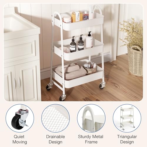 OLIXIS Metal Rolling Storage Utility Cart with Lockable Wheels 3 Tiers | Mobile Organizer Shelf, Space-Saving, Freestanding, Bathroom, Living Room, Slim, Narrow Corner Spaces, White - color: 3-tiered Cream White, size: 3-Tiered 17 inches