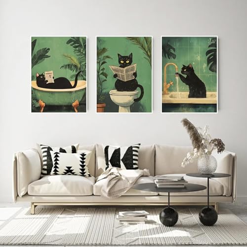 3 Pack Black Cat Diamond Art Kits for Adults Diamond Painting Kit Beginner | Bathroom Animal 5D Funny DIY Diamond Dots Full Drill Crafts for Gem Art Dot Art for Adults Home Wall Decor for Teens 12x16 in - color: DP03396
