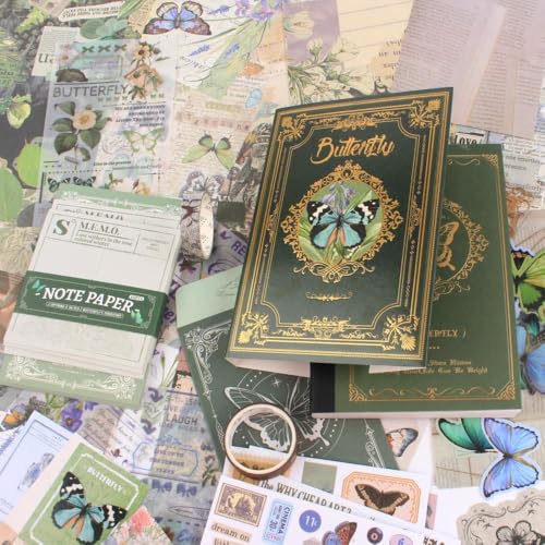 Diuhofart Scrapbook Kits for Adults Women, Aesthetic Stationery Scrap Booking Supples Kit with A6 Grid Notebook for Junk Journal Supplies, DIY Paper Craft Art Materials - color: Green Kit Butterfly
