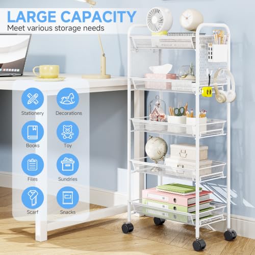 KINGRACK 5 Tier Rolling Cart, Metal Utility Storage Cart with Pegboard | Screwless Assembly, Lockable Wheels, 4 Hooks & 1 Bin, Mobile Organizer for Bathroom Kitchen Office Craft Room Laundry, White - color: White, size: 5-Tier