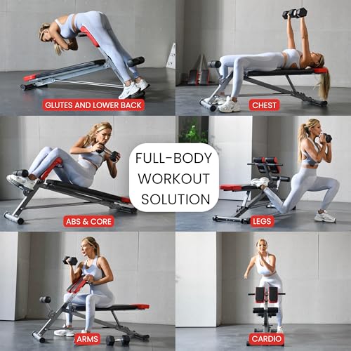 Finer Form Multi-Functional Adjustable Weight Bench and Roman Chair | 8 Back Extension Levels, Chest Press, Sit Ups, Flat Decline Settings, Sturdy Steel Frame, Thick Pad, Workout Chart Included