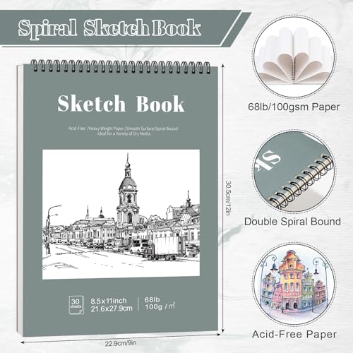 4 Pack Sketch Books 8.5 × 11 in, Top Spiral, 100gsm, Light Cyan | Acid-Free Paper, 30 Sheets Each, Hardcover with Rigid Back, Lay-Flat Top Spiral, for Sketching & Dry Media - color: Light Cyan, size: 8.5 × 11Inch(4 Pack)