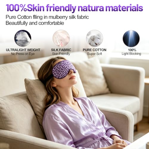 Silk Sleep Mask, Blackout Eye Mask for Sleeping with Adjustable Strap | Light-blocking Blindfold for Men & Women Pressure-Free, Soft Eye Cover Eyeshade for Side Sleeper, Travel (Purple Leopard) - color: Purple Leopard