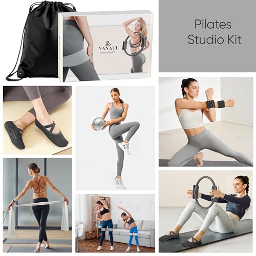 NANATI Pilates Kit, Home Pilates Workout Kit for Women, Pilates Equipment with 14.5"" Pilates Ring and Ball, Resistance Bands, Ankle Weights, Sliders & Grip Socks for Home Workouts - color: New Grey