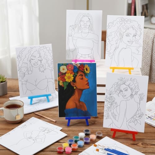 Blosssound 10 Set Charming Lady Pre Printed Canvas Pre Drawn Canvas Painting with Easel Kits 5" x 7" Sip and Paint Party Kit for DIY Art, Adult's Date Night - style: Charming Lady
