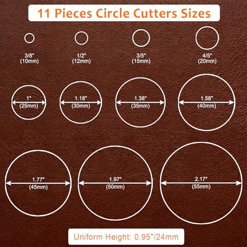 Leather Circle Cutter Tool Set, 11 Pieces Circle Punch Tools 10 12 15 20 25 30 35 40 45 50 55mm, High Carbon Steel Round Cutting Dies - Leather Hole Punch Tool Kit for DIY Leathercrafts - size: 11 Sizes