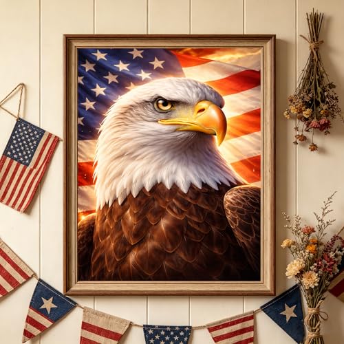 Patriotic Bald Eagle Diamond Art Kit for Adults, 5D Round Drill 12x16 Inch | American Flag Diamond Painting US Diamond Art for Beginners Gem Art Wall Decor 4th of July Craft Gift - color: HS038-1