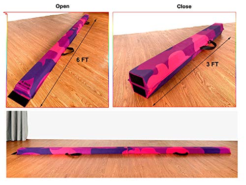 Marfula 6 FT / 8 FT / 9 FT Folding Gymnastics Beam Foam Balance Floor Beam - color: PinkPurple-Camo, size: 6 Ft