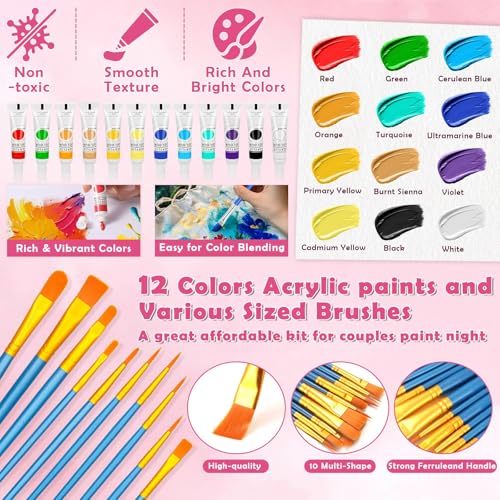 Canvas Painting Kit, 108Pcs Sip and Paint Kit for Adults Couples Date Night | 8x10 Inch Canvas with Easel Stands, Small Paint Brushes, Acrylic Paints Set Paint Party Supplies, Valentines Day Painting Kit