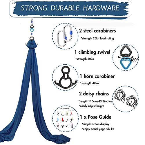 Aerial Silks Yoga Swing Set, Fitness Aerial Yoga Kit | Anti-Gravity Flight Aerial Yoga Hammock Kit; Low/Non Stretch Nylon Tricot Fabric; For Fitness & Dance; Hardware Included - color: Navy