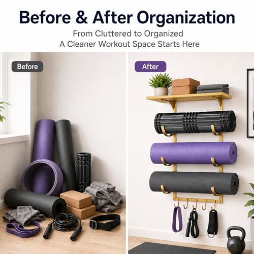 Wall Mount Yoga Mat Storage Rack, Heavy Duty Iron Organizer with 3-Tier J-Hooks, Wide Top Shelf and 5-Hook Bottom Rail for Yoga Mats, Foam Rollers, Blocks and Home Gym Accessories - color: Gold A