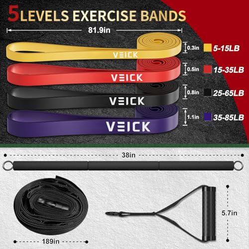 VEICK Pull Up Assist Resistance Bands for Home Gym | 100% Natural Latex, Non Slip Leather Texture, Space Saving, Full Body Training for Men Women - color: Colorful Set of 4 + Pilates Bar