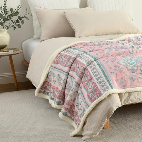 Boho Chic Sherpa Fleece Throw Blanket with Ultra-Soft Cozy Lining,Bohemian Patterned Throws for Sofa,Couch,Bed - color: Boho-pastel Pink, size: 50" x 60"